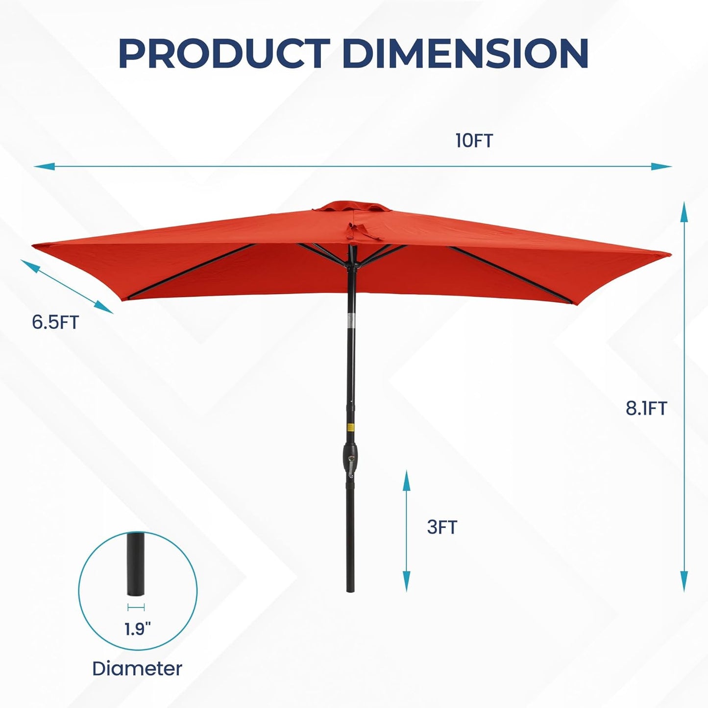 SUNVIVI OUTDOOR Patio Umbrella, 6.5' x 10' Rectangular Patio Umbrella, Metal Pole Square Outdoor Umbrella with Crank and Push Button Tilt, 6 Steel Ribs, Polyester Canopy