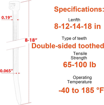 Zip Ties Assorted Size,8+12+14+18 Inch Double Sided Toothed,100 LBS Tensile Strength Heavy Duty Cable Wire Ties With Self-Locking Adjustable More Durable Nylon Tie Wraps for Indoor Outdoor（400 Pack）