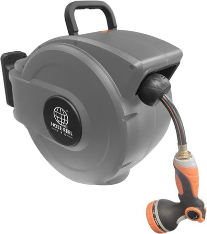 Retractable Garden Hose Reel, 50 ft Wall-Mounted Garden Hose with Automatic Rewind, 10-Function Spray Nozzle, 180° Swivel Bracket, Heavy-Duty Leak-Proof Design, Grey