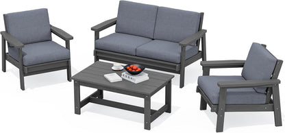 SERWALL 4 Piece HDPE Outdoor Furniture Set, All Weather Wood-Like Outdoor Sofa Sectional Couch, Grey Patio Furniture Set with Grey Cushions