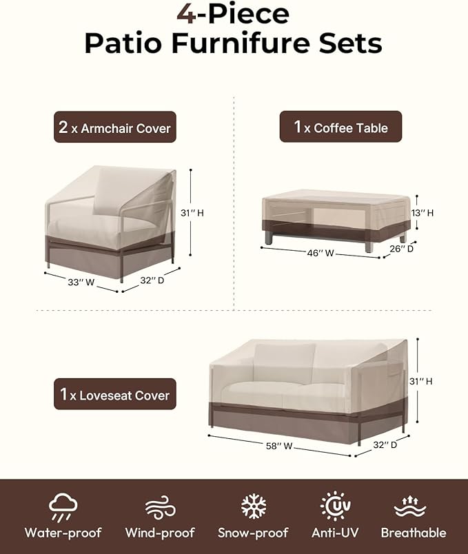 loriano Patio Furniture Cover Set, 4 Piece Outdoor Furniture Cover Waterproof, 600D Heavy Duty Lawn Patio Set Covers