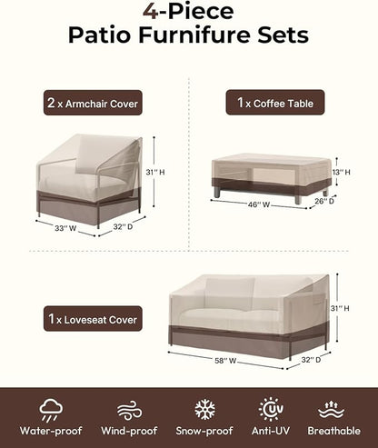 loriano Patio Furniture Cover Set, 4 Piece Outdoor Furniture Cover Waterproof, 600D Heavy Duty Lawn Patio Set Covers
