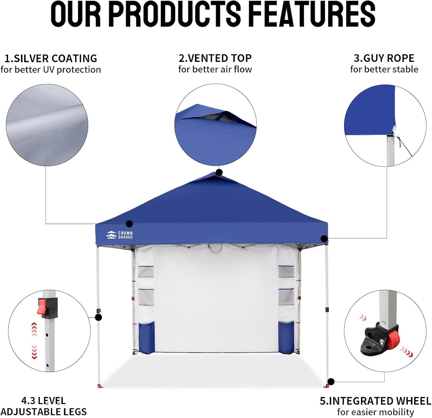 CROWN SHADES Canopy Tent, 10 x 10 Foot Portable Pop Up Outdoor Shelter with Pocket Sidewall, Push Center Lock, UV Protection, and Carry Bag, Navy Blue