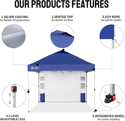 CROWN SHADES Canopy Tent, 10 x 10 Foot Portable Pop Up Outdoor Shelter with Pocket Sidewall, Push Center Lock, UV Protection, and Carry Bag, Navy Blue