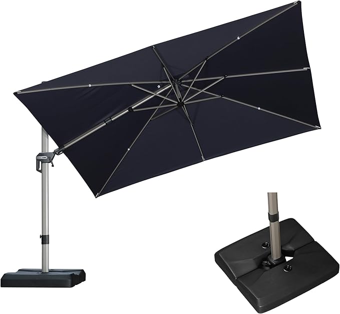 PURPLE LEAF 11.5' X 8' Left-right Tilting Patio Umbrella with Base Outdoor Swivel Cantilever Offset Aluminum Umbrella with Champagne Frame and 360-degree Rotation for Garden Deck Pool, Navy Blue
