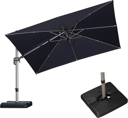 PURPLE LEAF 11.5' X 8' Left-right Tilting Patio Umbrella with Base Outdoor Swivel Cantilever Offset Aluminum Umbrella with Champagne Frame and 360-degree Rotation for Garden Deck Pool, Navy Blue