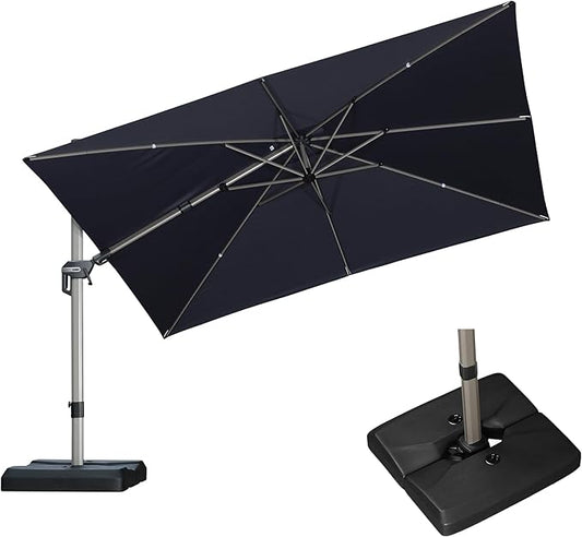 PURPLE LEAF 11.5' X 8' Left-right Tilting Patio Umbrella with Base Outdoor Swivel Cantilever Offset Aluminum Umbrella with Champagne Frame and 360-degree Rotation for Garden Deck Pool, Navy Blue