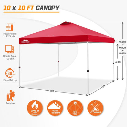 EAGLE PEAK Pop Up Canopy Tent with Wheeled Carry Bag, 8 Stakes, 4 Ropes, 4 Weight Bags, Easy Set Up Tent Canopy, 10x10 ft, 100sqft of Shade, Red