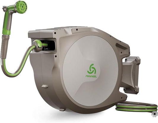 PINWHEEL 5/8in 75FT Retractable Garden Hose Reel, Automatic Retractable Hose with 10-Pattern Spray Nozzle, 180° Swivel Bracket, 3-Layer PVC Durable Water Hose for Yard Lawn Care