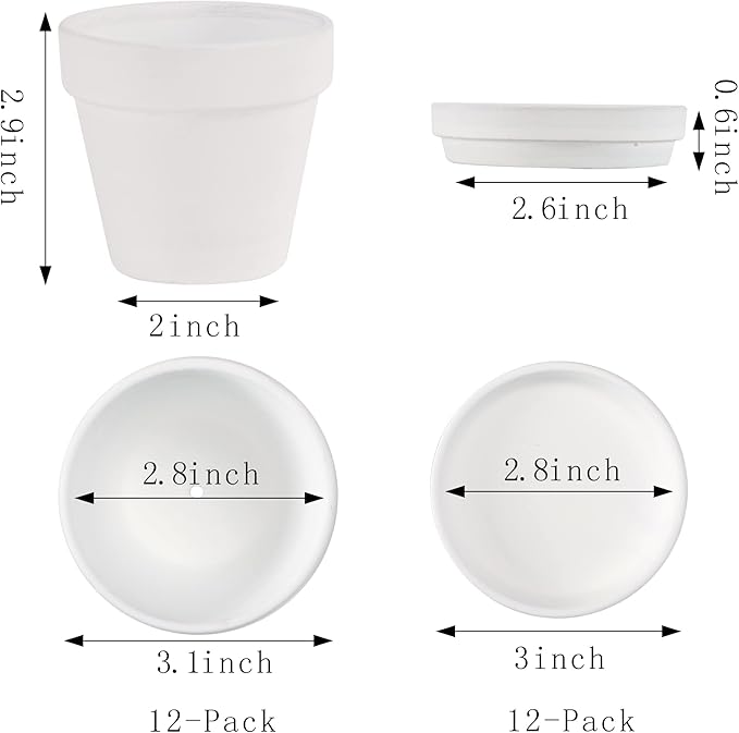Fcacti 3 Inches Small White Terracotta Pots with Saucer, 12 Pack 3 Terra Cotta Planter with Drainage Holes, Small Clay Flower Pots for Plants, Succulents, Crafts, Wedding Favor
