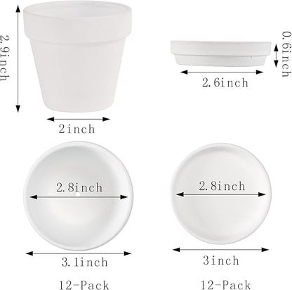Fcacti 3 Inches Small White Terracotta Pots with Saucer, 12 Pack 3 Terra Cotta Planter with Drainage Holes, Small Clay Flower Pots for Plants, Succulents, Crafts, Wedding Favor