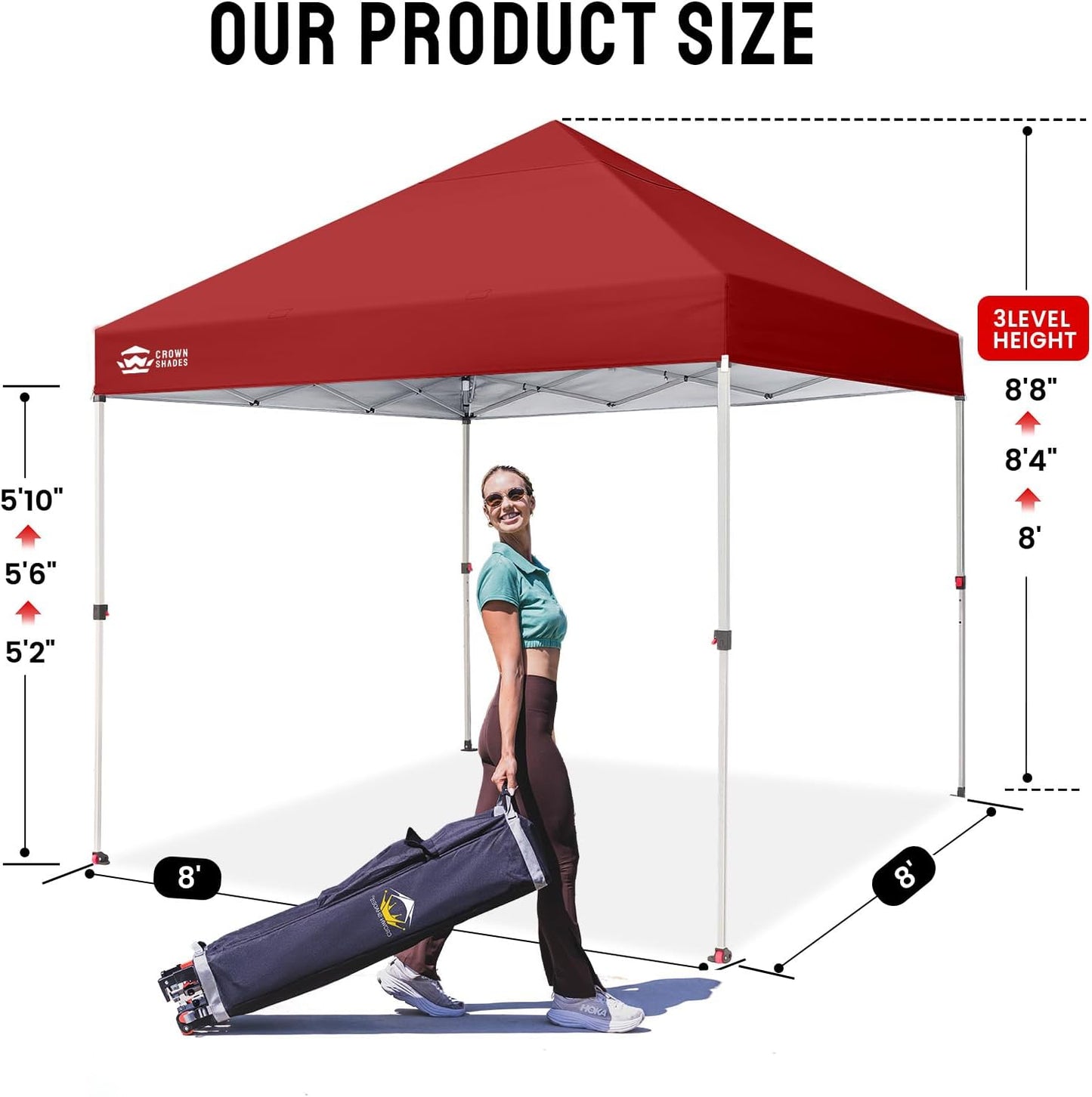 CROWN SHADES 8x8 Pop Up Canopy - Beach Tent with One Push Setup - Easy Outdoor Sun Shade for Events, Parties, Camping - Gazebo with STO-N-Go Cover Bag, Silver Coated Top, Red