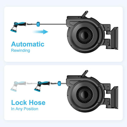 Retractable Garden Hose Reel - 5/8 inch x 70 ft Wall Mounted Hose Reel with 10 Pattern Nozzle & Any Length Lock, Heavy Duty Water Hose Supports Automatic Rewind & 180° Swivel, Black