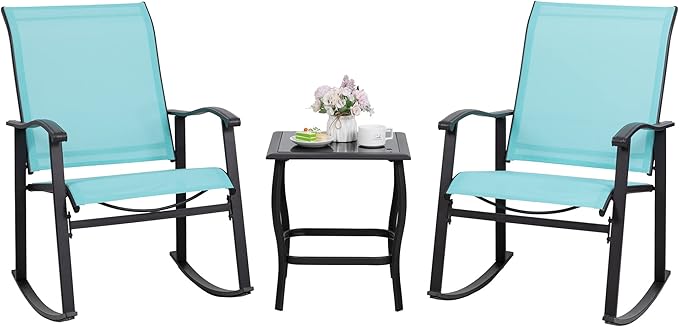 Shintenchi 3 Piece Rocking Bistro Set, Outdoor Furniture with Rocker Chairs and Glass Coffee Table Set of 3, Balcony, Porch Furniture for Small Space, Blue
