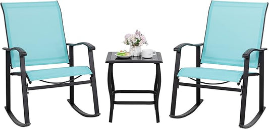 Shintenchi 3 Piece Rocking Bistro Set, Outdoor Furniture with Rocker Chairs and Glass Coffee Table Set of 3, Balcony, Porch Furniture for Small Space, Blue