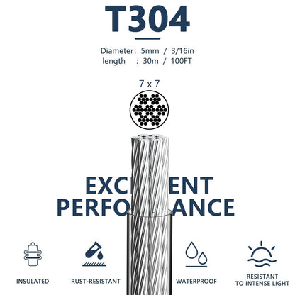 3/16 Wire Rope Kit, 100ft Vinyl Coated Galvanized Steel Cable with M5 Turnbuckles for Cables Wire, Rope Clamp & Thimble, 7X7 Strand Aircraft Cable for Anchored Shed, Fencing, Sunshade