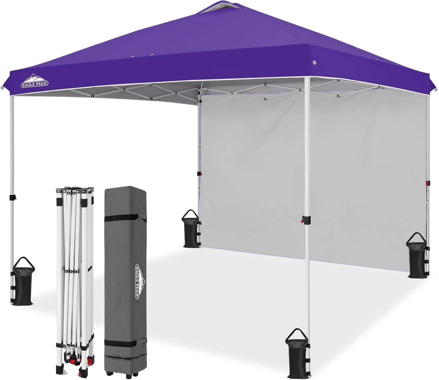 EAGLE PEAK Pop Up Canopy Tent with 1 Sidewall, Easy Setup Event Tent, Outdoor Sun Shade, Wheeled Carry Bag, Stakes and Guy Ropes, Instant Canopy 10x10, Purple