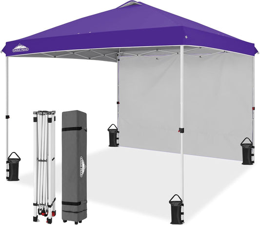EAGLE PEAK Pop Up Canopy Tent with 1 Sidewall, Easy Setup Event Tent, Outdoor Sun Shade, Wheeled Carry Bag, Stakes and Guy Ropes, Instant Canopy 10x10, Purple