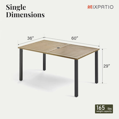 Outdoor Patio Dining Table for 6, 60" x 36" Rectangular Metal Patio Dining Table with Umbrella Hole for Garden, Backyard and Porch