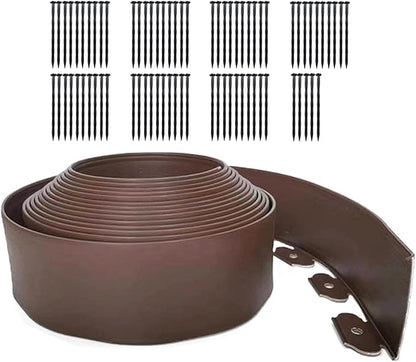 49FT Landscape Edging, 4 in Tall Garden Edging Borders with 75 Spikes,Flexible Lawn Edging Plastic Borders for Garden, Flower Beds, Pavement-Brown