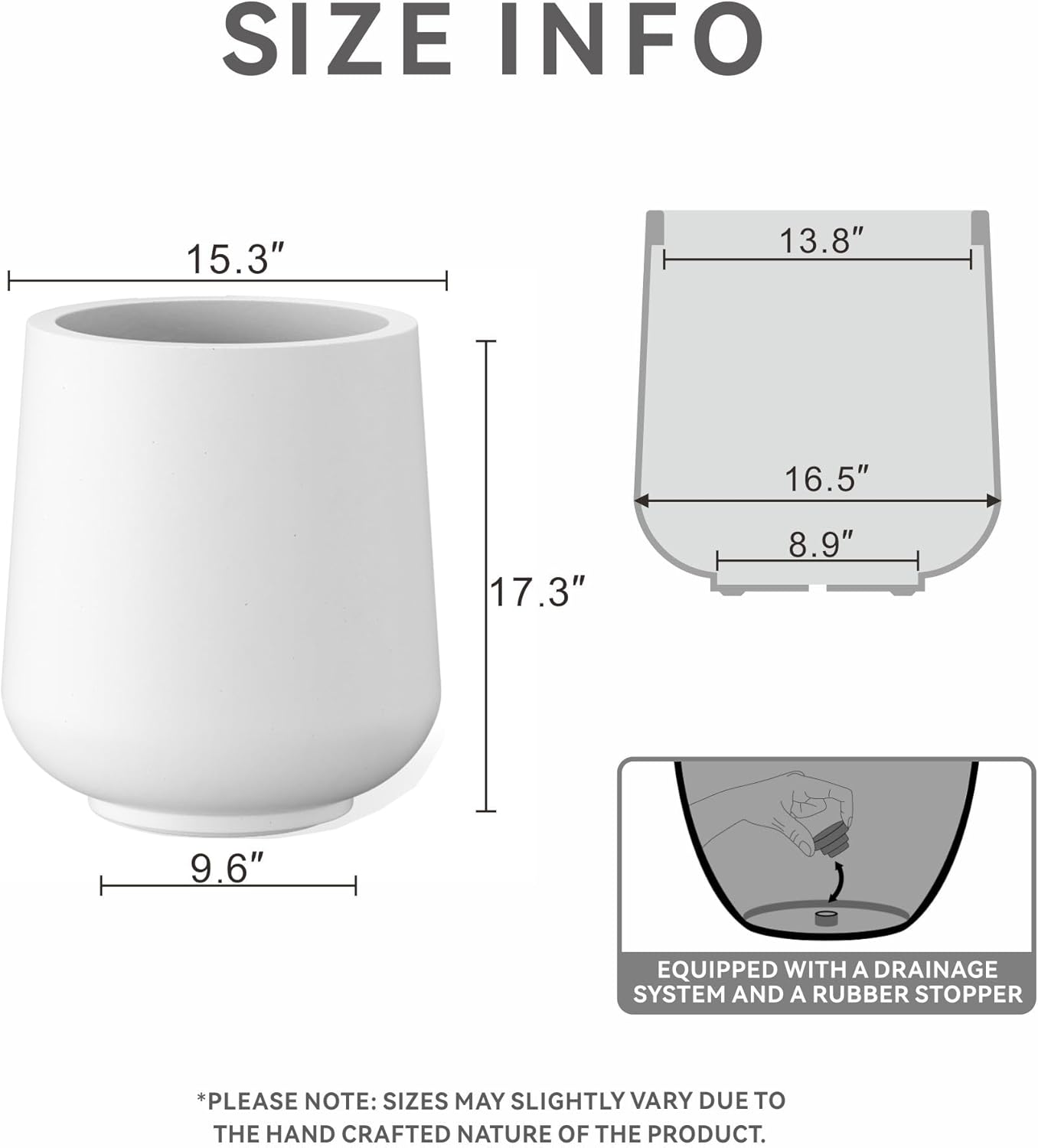 Kante 15.3-Inch Dia Round Concrete Planter, Large Plant Pot with Drainage Hole and Rubber Plug for Indoor Outdoor Use – Home, Garden, or Patio, Pure White