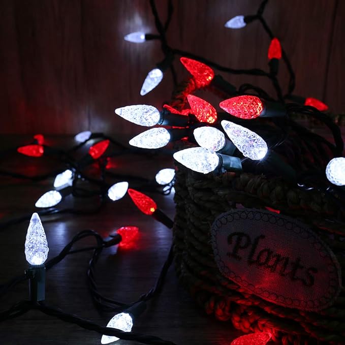 Brizled Red & White C5 Christmas Lights, 33ft 100 LED Christmas tree Lights, Connectable 120V UL Certified Faceted Christmas Lights Outdoor Indoor Xmas Lights for Christmas Tree Party Roof Decoration