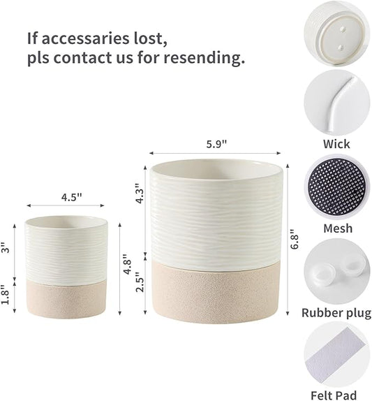 Nihow Self Watering Plant Pot for Indoor Plants: 4.5+6 Inch Ceramic Planter with Drainage Hole & Water Storage Plus - Cylinder Flower Pot with Wick for Herbs -White & Brown