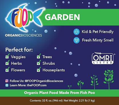 FOOP Garden - Organic Liquid Plant Food Made from Fish Manure (with Fresh Minty Scent) | Fish Fertilizer Alternative Perfect for Veggies, Herbs, Flowers,Trees,Shrubs | Kid&Pet Friendly (1G, 2 Pack)