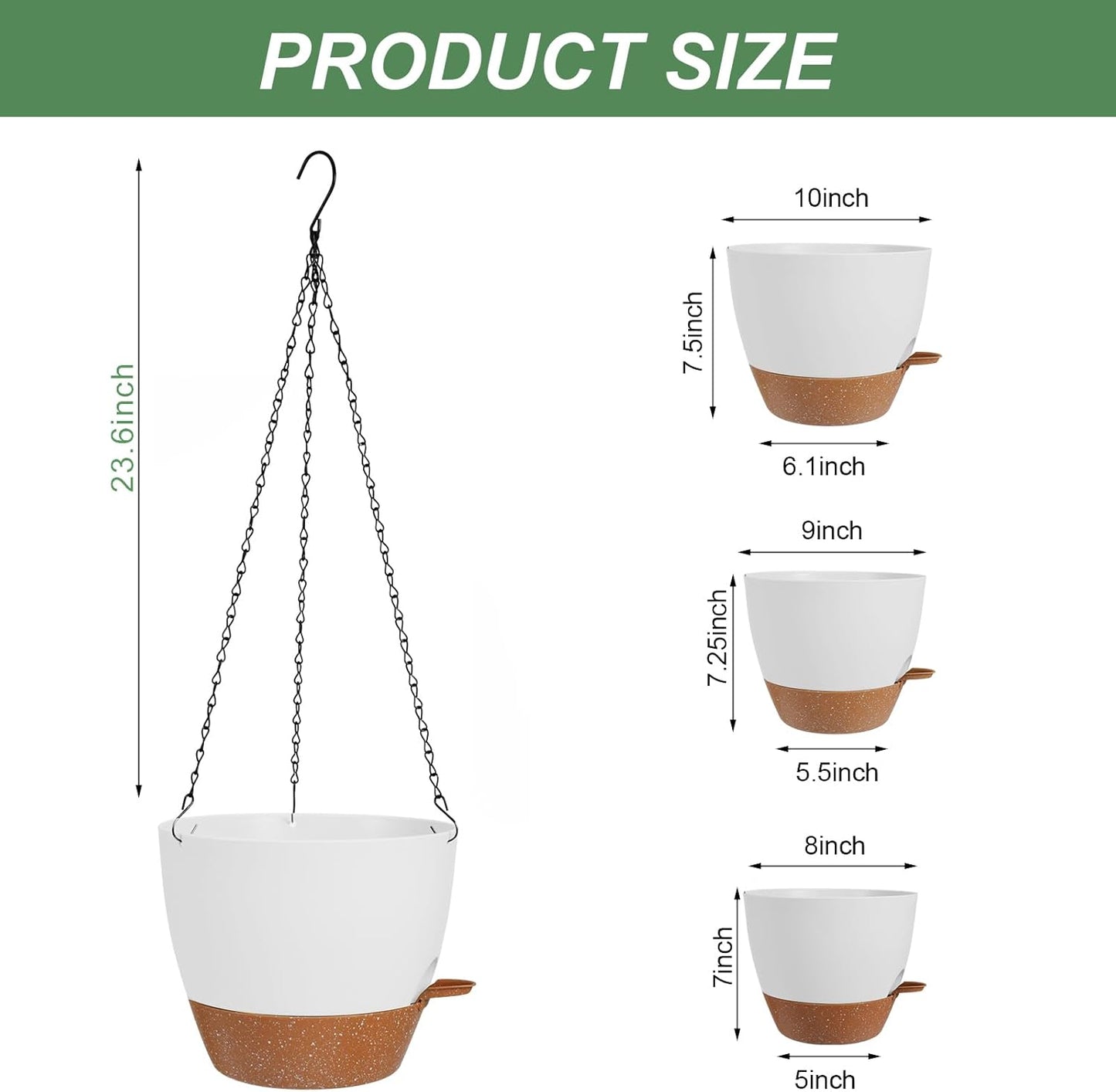 10/9/8 Inch Hanging Planter for Indoor Outdoor Plants, 3 Pack Self-Watering Hanging Pot with Drainage Holes Hanging Planter Baskets Plant Pots with Removable Tray (White+Brown)