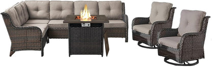 Outdoor Sectional Sofa Furniture Set with Propane Fire Pit Table, Wicker Patio Conversation Set with 2 Swivel Glider Rocker Chairs Grey Cushion Perfect for Backyard Casual Gathering