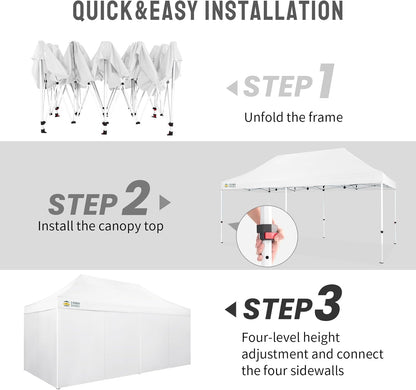 CROWN SHADES 10x20 Pop Up Canopy Tent, Thicken Frame Commercial Heavy Duty Tent, 4 Sidewalls 8 Stakes & 4 Sandbags & 4 Ropes, Outdoor Canopies for Events, Parties,White