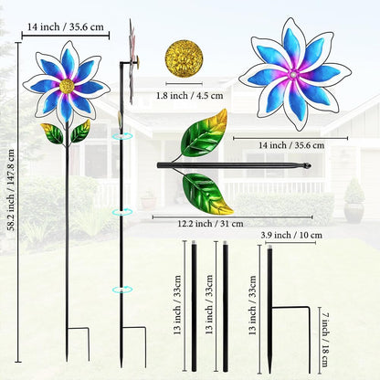 14'' Wind Spinners Outdoor, Flower Metal Garden Wind Spinners Outdoor, Kinetic Wind Sculptures & Spinners for Yard Garden Lawn Decor (Blue)