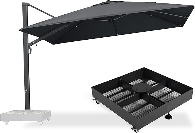 PURPLE LEAF 12' X 9' Rectangle Patio Umbrella with Base Included Large Outdoor Aluminum Offset Umbrella with 360-degree Rotation Cantilever Umbrella for Garden Deck Backyard Pool Grey
