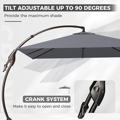 Grand patio 10X10 FT Sunbrella Offset Umbrella with Base Outdoor Square Aluminum Cantilever Umbrella Shade with Easy Tilt Adjustment (Charcoal, 10X10 FT-SUNBRELLA)