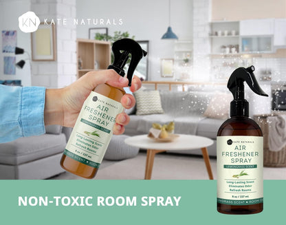 Kate Naturals Air Freshener Spray for Home. Lemongrass Essential Oil Odor Eliminator Room Freshener Spray for Pillows, Bedding, Linen (8 fl oz, Pet Safe, Non-Toxic)
