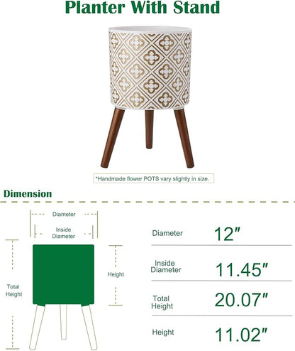 naclto 12 Inch Planter Pot with Stand,Plant Pot for Indoor Plants,Large Modern Flower Pots Indoor Outdoor with Drainage for Home Garden Patio, White and Gold
