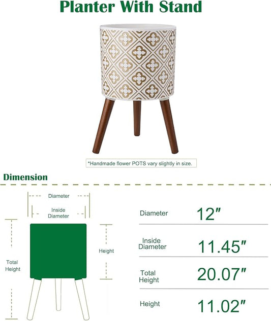 naclto 12 Inch Planter Pot with Stand,Plant Pot for Indoor Plants,Large Modern Flower Pots Indoor Outdoor with Drainage for Home Garden Patio, White and Gold