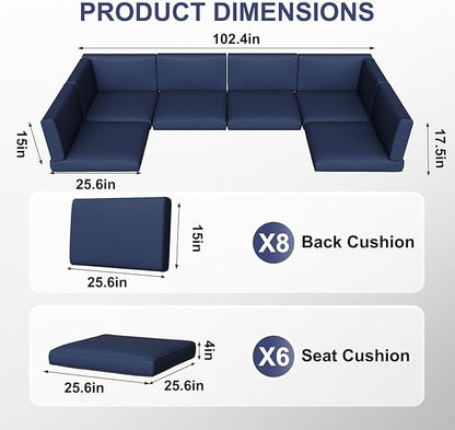 Aoxun Outdoor Replacement Cushions for Patio Furniture, Waterproof Sofa Cushion for 6-Seat Rattan Wicker Sectional Patio Conversation Sets, 14-Piece Cushions Set for L-Shape Couch, Navy