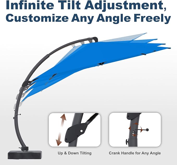 12FT Cantilever Umbrella with Base Large Curvy Outdoor Aluminum Offset Umbrella w/ 360° Rotation, UV Resistant Canopy for Patio, Garden, Backyard, Royal Blue