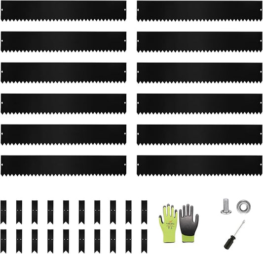 A ANLEOLIFE 12 Pack 40" LX 6"H Galvanized Steel Garden Landscape Edging for Straight & Mild Curved Lines, Hammer-in Metal Lawn Border with Gloves and 10 Stakes (40FT Total) (6 inch tall, 12pcs, Black)