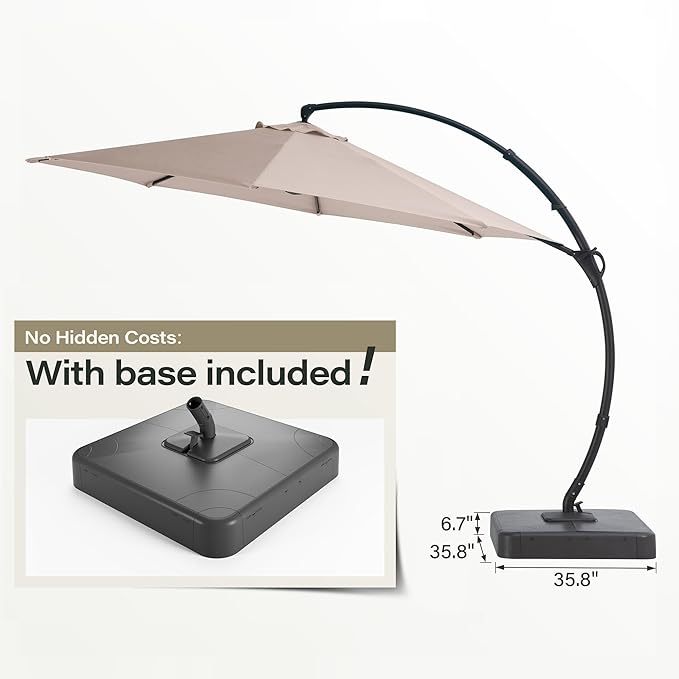 LAUSAINT HOME Outdoor Patio Umbrella with Base included, 10 FT Deluxe Curvy Cantilever Umbrella Offset Hanging umbrella with 360° Rotation for Market, Pool, Garden, Backyard, Deck (Beige, 10 FT)