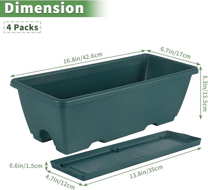 HAITRAL Railing Planter Boxes (16.9 Inch, 4 Pack) Green Plastic Deck Rail Planter for Outdoor Plants, Hanging Window Boxes Planter with Drainage Tray for Over Rail Porch Fence,Balcony & Home Decor