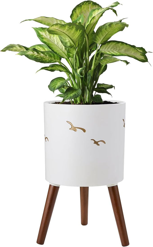 12 Inch Planter,Plant Pot with Stand for Indoor Plants,Large Modern Plant Pots with a Dove Pattern Indoor Outdoor with Drainage for Home Garden Patio,White and Gold