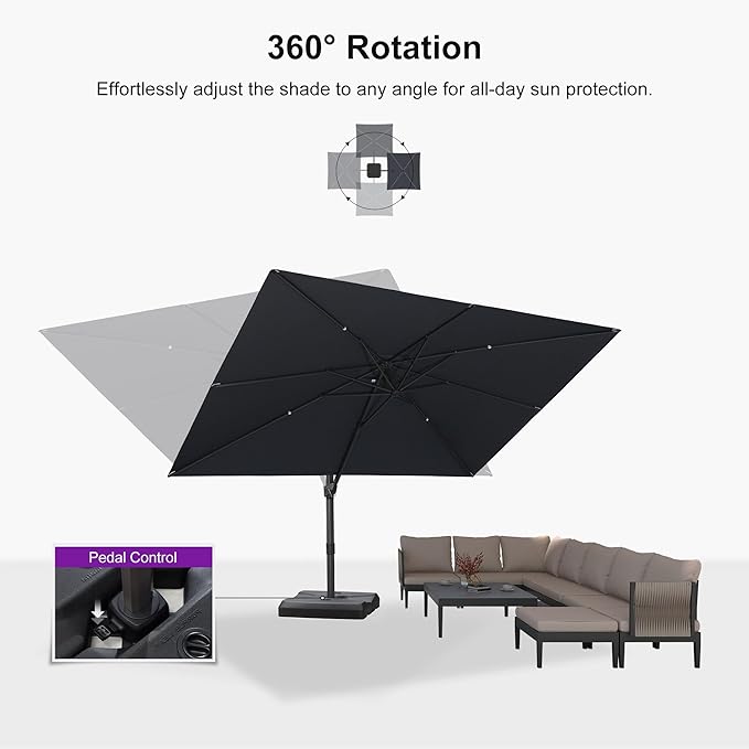 PURPLE LEAF 9' X 11.5' Patio Cantilever Umbrella Outdoor Rectangle Adjustable Offset Umbrellas with 360-degree Rotation and 8 Heavy Duty Metal Ribs for Garden Deck Pool Gray