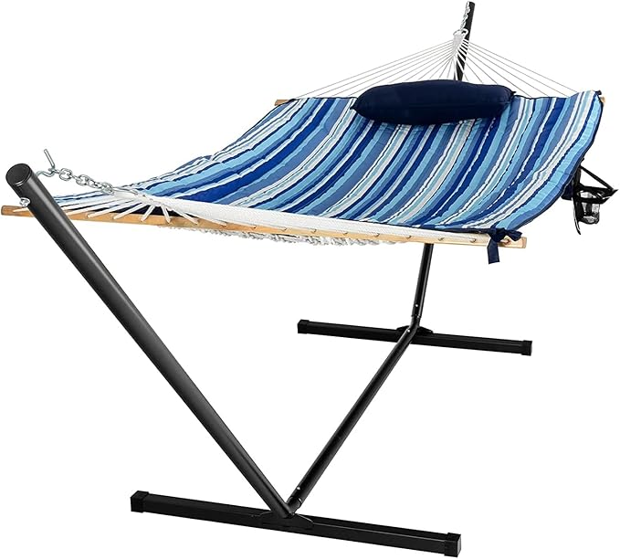 S AFSTAR 2 Person Hammock with Stand Included, Double Portable Hammocks with Cotton Mat, Pillow, Cup Holder, 450 LBS Load Capacity, Free Standing Hammock for Outside Patio Porch Backyard (Blue Stripe)