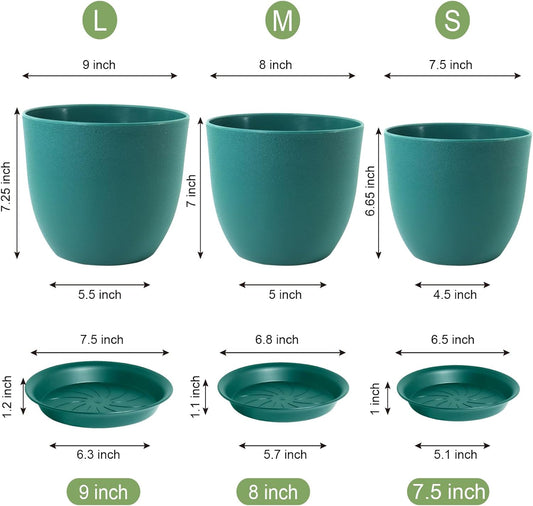 Modern Plant Pots Set, 9/8/7.5 inch Plastic Planters for Indoor Plants, Stylish Flower Pots with Drainage Holes and Saucers for House Plants and Flowers, Blue