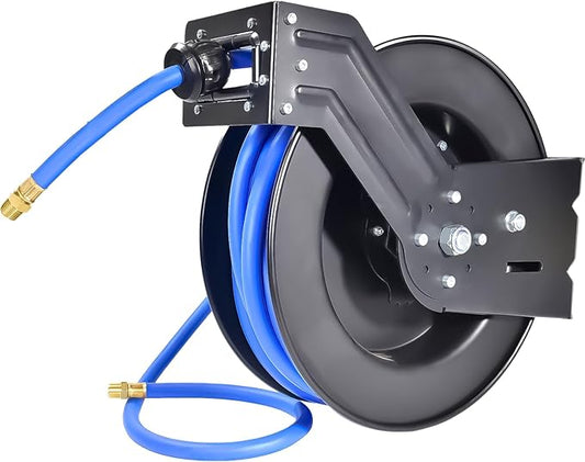 Heavy Duty Retractable Air Hose Reel, 1/2 IN x 50 FT Hybrid Air Hose, Max 300PSI Air Compressor Hose Reel with Auto Rewind, Ceiling/Wall Mount Single Arm Premium Steel Reel for Garage Workshop