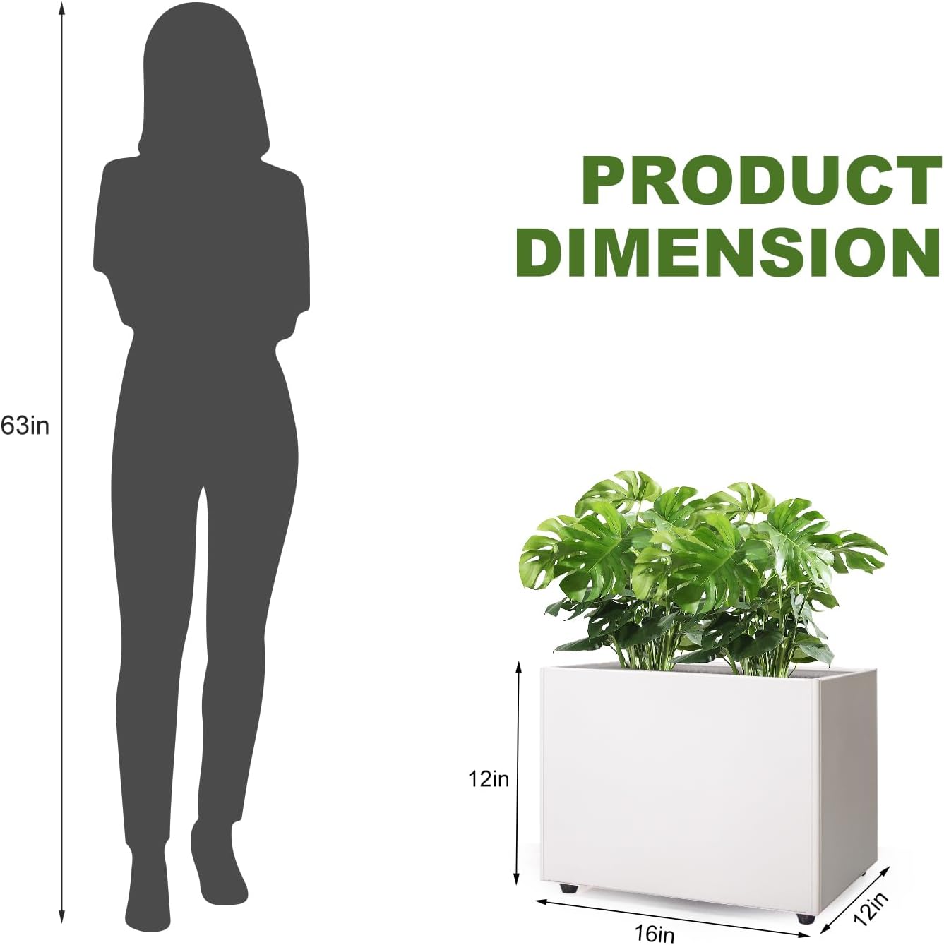 Planter Box Rectangular Block - 16×12×12IN Galvanized Steel Metal Long Box Planter Easy Installation Modern Outdoor Tall Planters All-Weather Use with Drainage Holes for Patio/Porch(White)