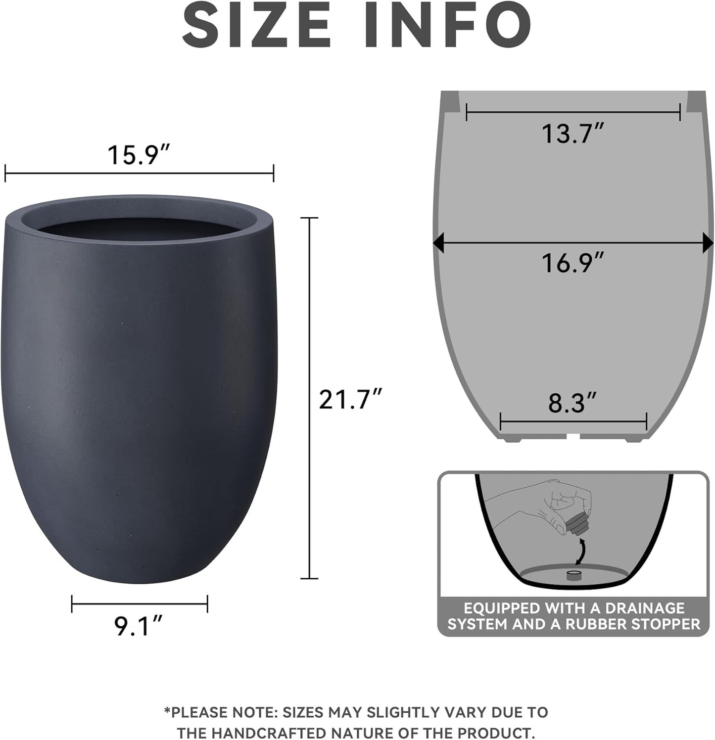 Kante 21.7" H Dark Gray Concrete Tall Planter, Large Outdoor Indoor Decorative Pot with Drainage Hole and Rubber Plug, Modern Round Style for Home and Garden