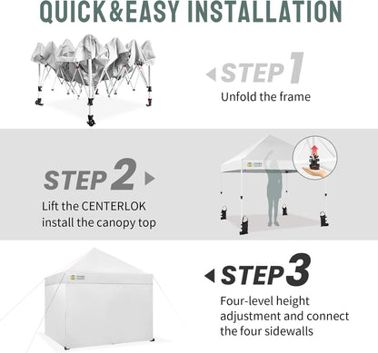 CROWN SHADES Pop Up Canopy Tent, 8x8 Commercial Canopy Tent with 4 Sidewalls, 4" Wheels, 4 Upgraded Weights, Patented Centerlock, 400D Fabric, Sto'N Go Bag, White